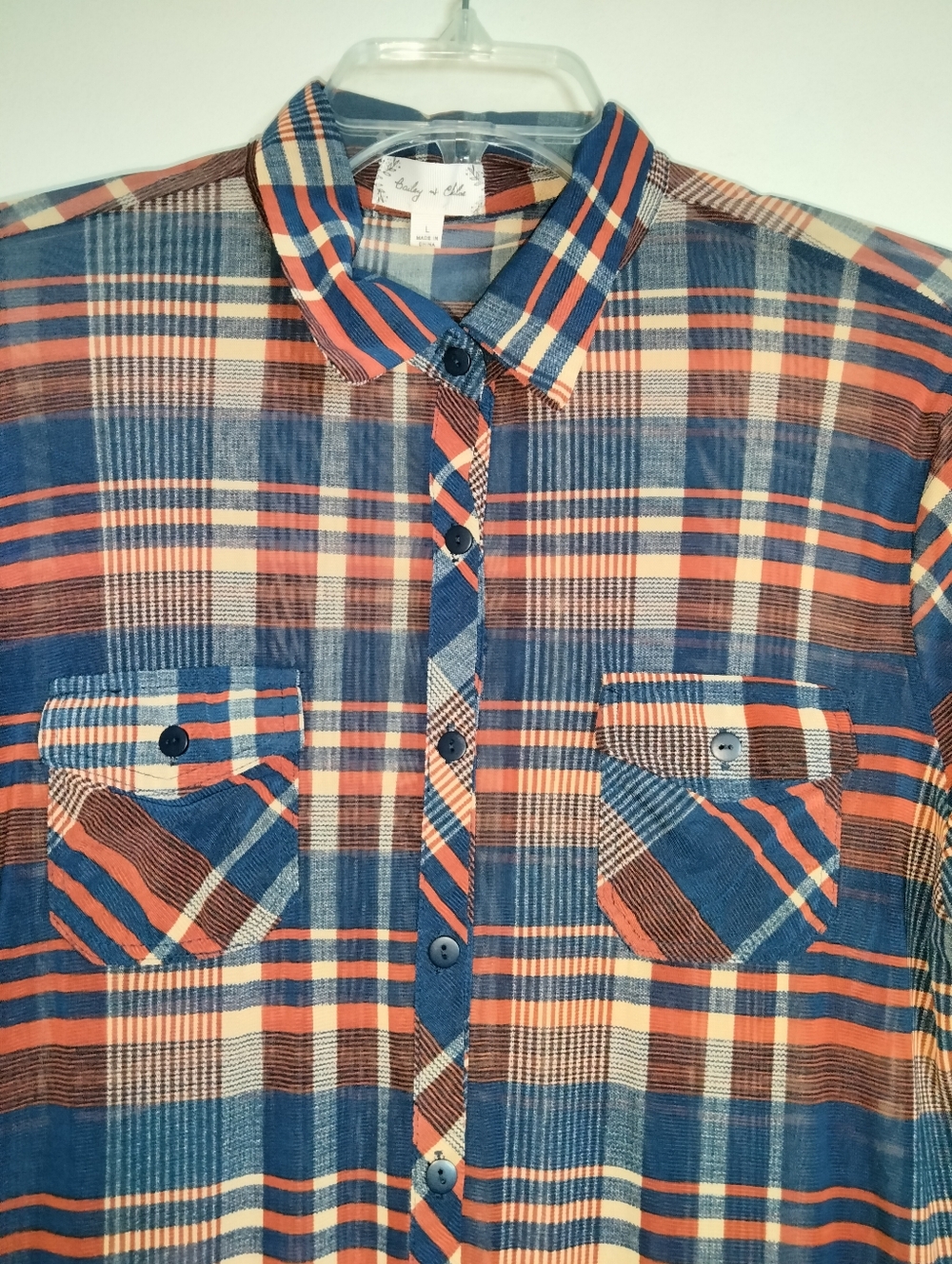 Bailey & Chloe (Sz L) Blue & Brown Plaid Semi-sheer Button Roll Tab Sleev3 Shirt - Picture 4 of 13
